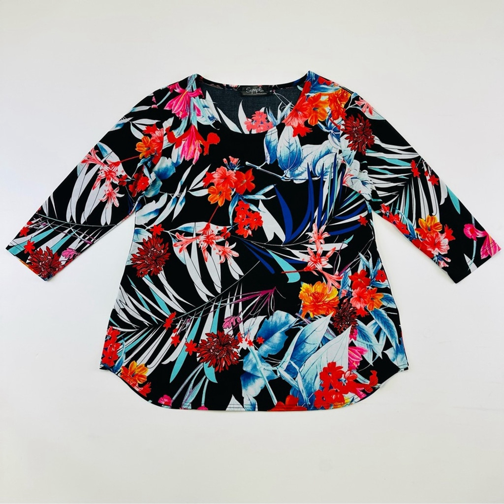 Sympli black and brights tropical print round neck polyester top Size 8